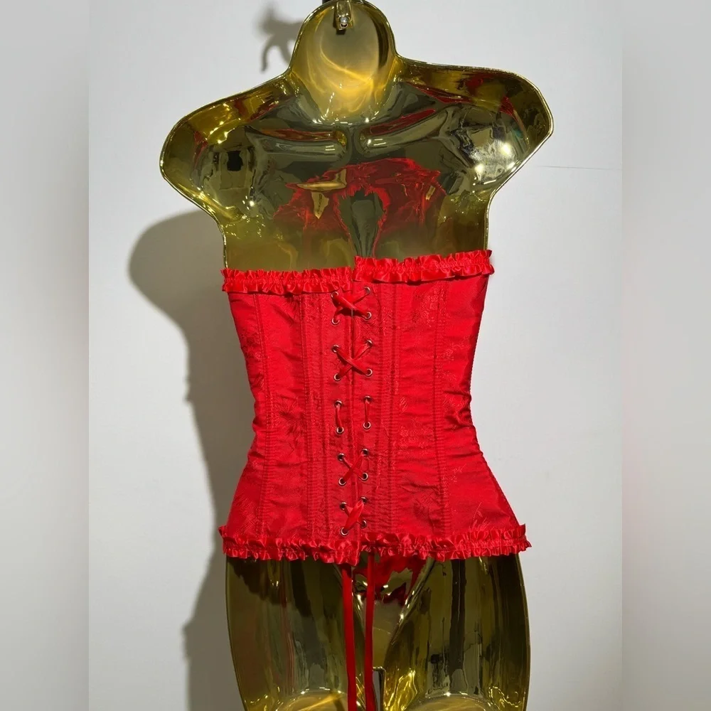 Red Satin Lace Up Corset XS Strapless Bustier Top Y2K